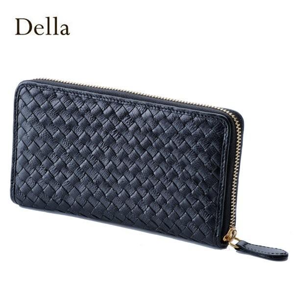 DELLA 本革 ラウンドファスナー 長財布 ブラック メッシュ レザー