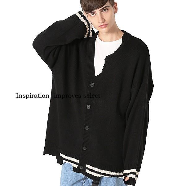 メンズ　韓国ファッション　ニット　クラッシュ　ロング丈　improves　カーディガン　ビッグサイズ　セーター　20262　ダメージ　黒　インプローブス　通販