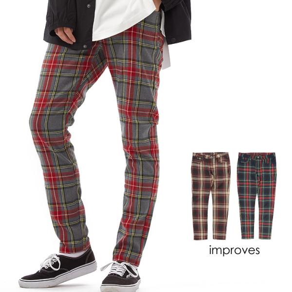 Skinny スキニーフィットパンツ 28 チェック柄新品 スキニーパンツ メンズ チェック柄 ストライプ柄 ストレッチ