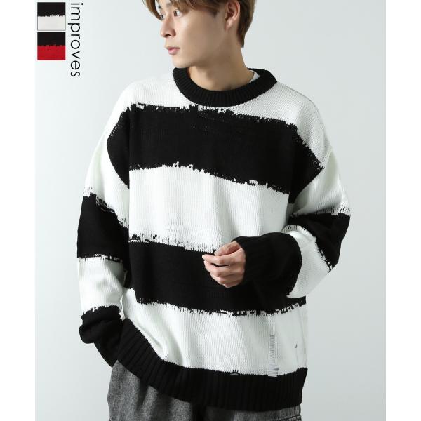 ブリーフィン クルーネックライトニット 袖ロゴ ボーダー ブラック×ホワイト improves_41804