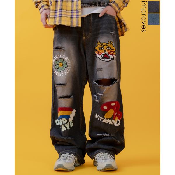 improves デニムパンツ メンズ レディース サガラワッペンダメージ 