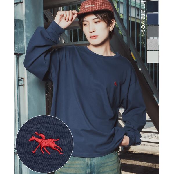 長袖Tシャツ メンズ POLOCHAMPS ワンポイント刺しゅう ポニー カットソー 大きめ カジュアル ストリート ブラック チャコール グレー ネイビー ホワイト