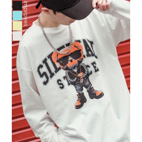 長袖Tシャツ メンズ SIDEWAY STANCE サイドウェイスタンス オリジナルプリント グラフィック ロンT クマ マスコット カレッジロゴ オーバーサイズ 大きめ