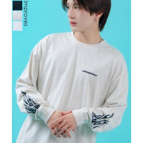 長袖Tシャツ メンズ ロンT フィーチャーアームロゴ長袖Tシャツ 炎 ファイヤーパターン 袖ロゴ SIDEWAY STANCE オーバーサイズ ストリート