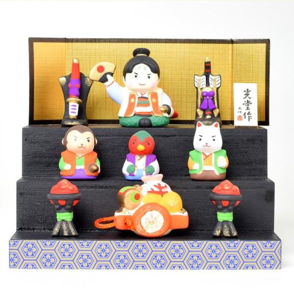 五月人形 コンパクト 薬師窯 錦彩段飾り 桃太郎 コンパクトサイズ