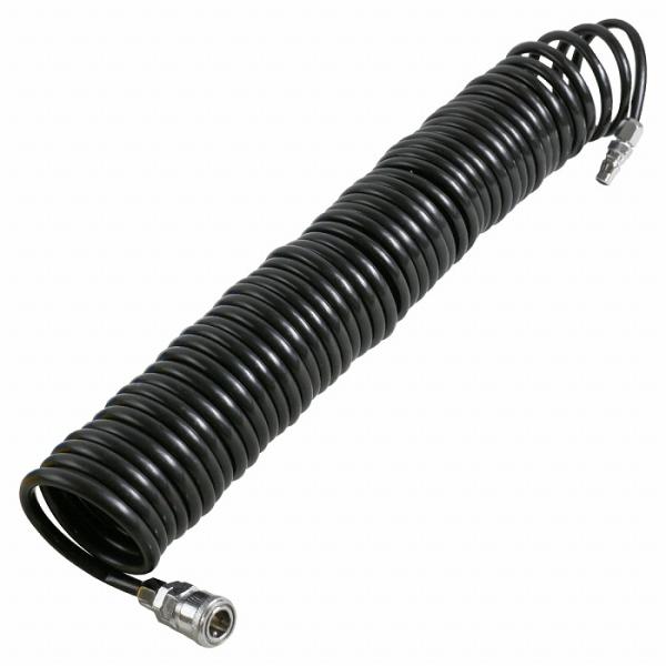 抗張力に優れたスパイラルエアホース！様々なエアー工具や機材で使用できます！◆10mのロングタイプ！コイル型だから面倒な巻き取り不要です！◆ホース用1/4カプラー オスメスセット付で、接続も簡単です。◆ポリウレタン樹脂製！耐水性・耐油性・耐摩...