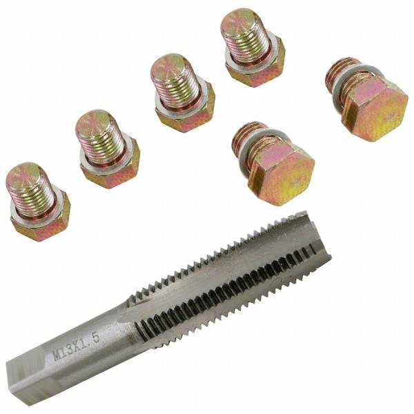 損傷したオイルドレンホールやドレンボルトなどを1サイズ大きく目立て直すためのタップ、ドレンボルト、ワッシャーがセットになったドレンボルト修理セットです。●高速度鋼製なので、耐摩耗性・耐熱性に優れています。●元々使っていたドレンボルトよりもサ...