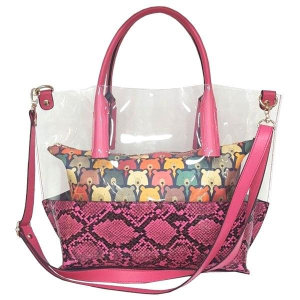 通販 激安 ポーチのプリントが可愛い スネーク柄クリアトートバッグ チェリーピンク