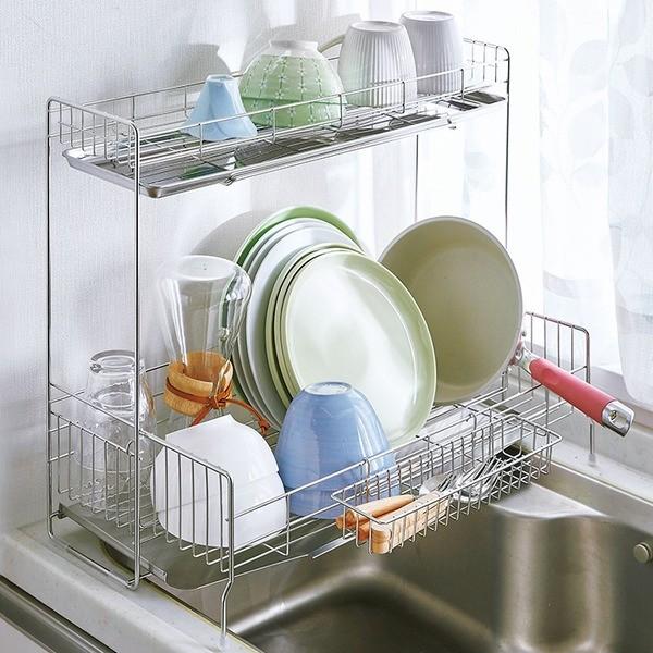 シンクにまたがる 水切りラック 水切りかご 2段 下段奥行57cm ステンレス製 キッチン 日本製 高額売筋 カトラリー入れ付き