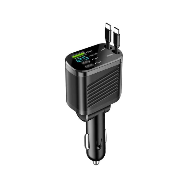 100W シガーソケット 急速充電  充電器 12V 24V対応  5台同時充電 巻キ取リ式 充電ケーブル Type-C タイプC Type-A タイプA 電圧測定