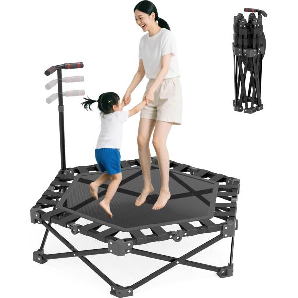 トランポリン 室内 折りたたみ式 静音設計 手すり付き 3段階調節 トレーニング エクササイズ 耐荷重150kg 収納便利 省スペース 組立簡単 高耐久 室外 ブラック