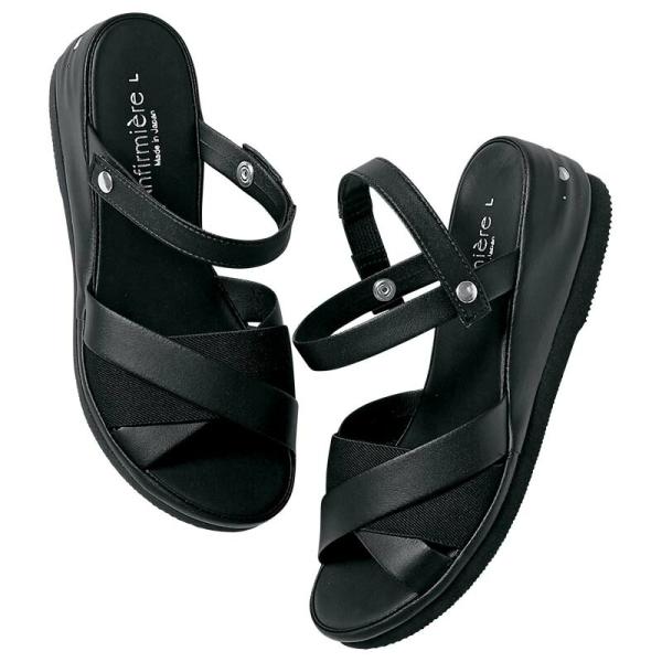 エアーパーツを隠し、ハートの抜き窓に！働く足元をシンプルに可憐に魅せます。幅広タイプ登場！甲もかかともゴム入りで快適フィット足のフィット感を高めるため2WAYホック式のベルトを採用。ベルト無しでサンダルにゴム入りなので足にフィットゆったり幅...