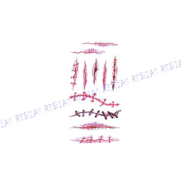 ハロウィン仮装やコスプレ、ドッキリなどに！リアルな傷跡転写シール！これだけあればどんなゾンビも作れます♪選べる全19種類！メイクより簡単でラクチン♪貼りたい柄をシートから切り離して貼ります、貼ったままシートに水を含ませて剥がせばあっという間...