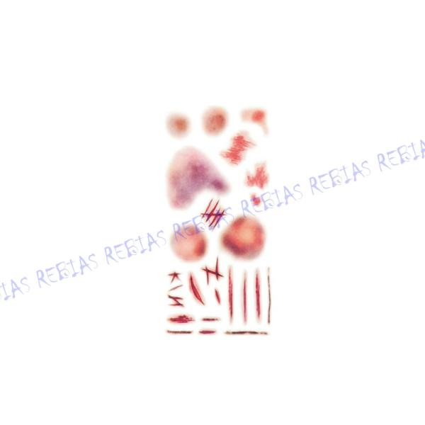 ハロウィン仮装やコスプレ、ドッキリなどに！リアルな傷跡転写シール！これだけあればどんなゾンビも作れます♪選べる全19種類！メイクより簡単でラクチン♪貼りたい柄をシートから切り離して貼ります、貼ったままシートに水を含ませて剥がせばあっという間...