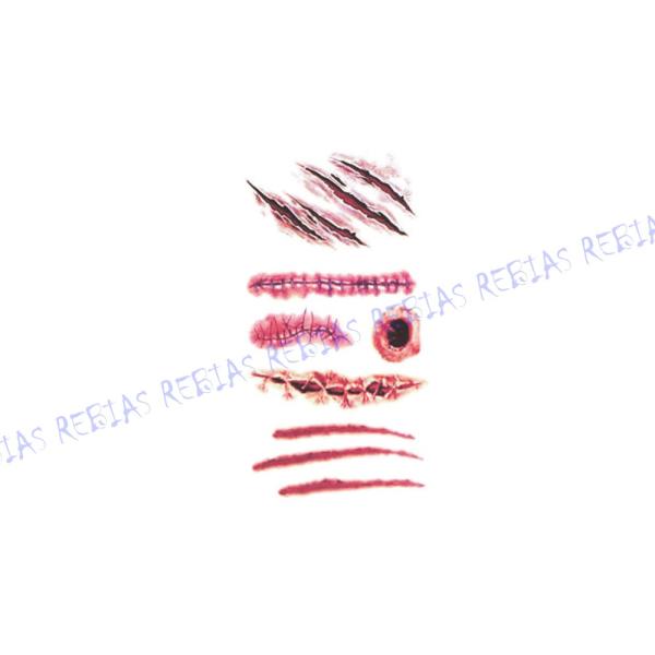 ハロウィン仮装やコスプレ、ドッキリなどに！リアルな傷跡転写シール！これだけあればどんなゾンビも作れます♪選べる全19種類！メイクより簡単でラクチン♪貼りたい柄をシートから切り離して貼ります、貼ったままシートに水を含ませて剥がせばあっという間...