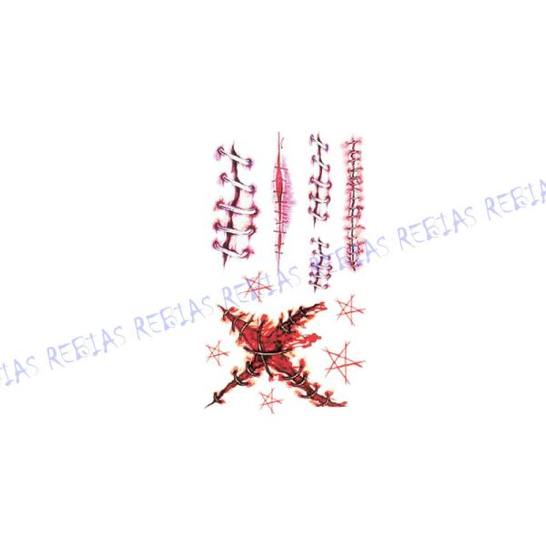 ハロウィン仮装やコスプレ、ドッキリなどに！リアルな傷跡転写シール！これだけあればどんなゾンビも作れます♪選べる全19種類！メイクより簡単でラクチン♪貼りたい柄をシートから切り離して貼ります、貼ったままシートに水を含ませて剥がせばあっという間...