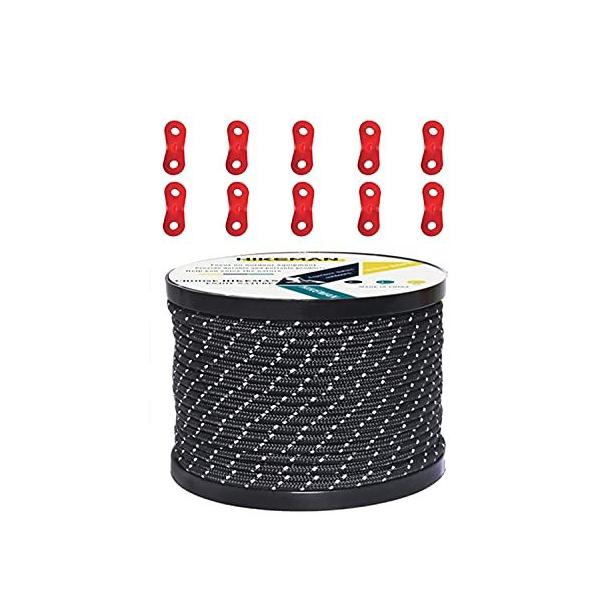テントロープ パラコード ガイロープ タープ用 張り綱 反射材入り 50m 3mm/4mm/5mm 多機能 自在金具付き ポリエス?