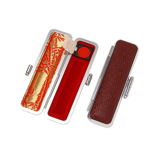 ご印鑑ケース・丸寸胴用・もみ革ケース(外装マルーン・内張：朱竹