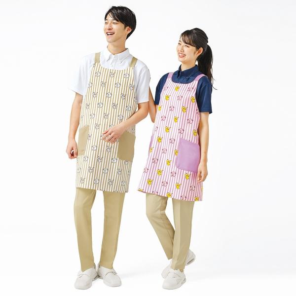 ポケットモンスター 胸当てエプロン ポケモン プリント 希少 総柄 ピカチュウ ラッキー 男女兼用 ストライプ 介護 制菌 医療 制電 看護 病院 両脇ポケット 飲食店