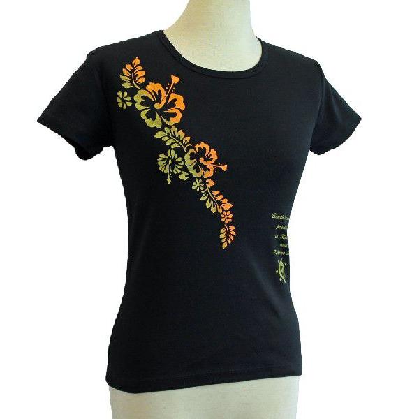 プリーツプリーズ ハイビスカス フリンジ 花柄 半袖 カットソー Tシャツ Tシャツ 半袖 レディース ハイビスカス オレンジグラデ柄 S M L XL