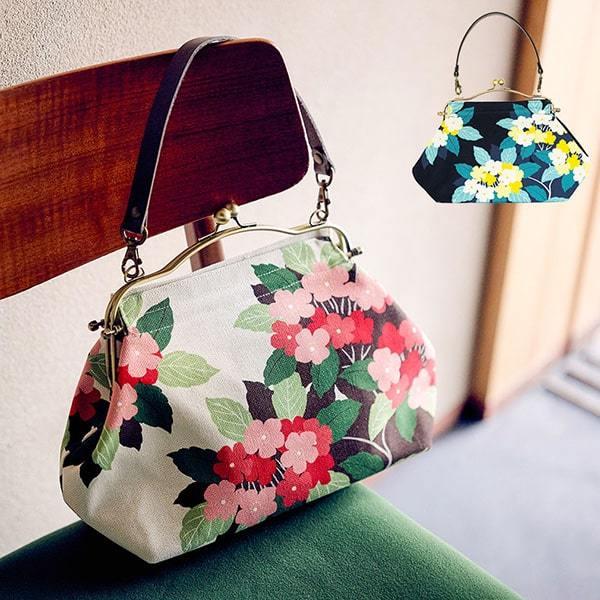 亥之吉 横長ベンリーがま口 すずはな 鈴花 藍 生成り 牛革持ち手付き