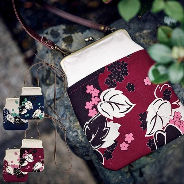 亥之吉 4寸縦型ポシェットがま口 つたかずら 蔦葛 紺 紅紫 調節できる