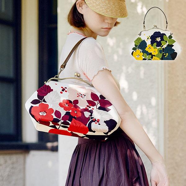 亥之吉 横長ベンリーがま口 はなもゆ 花燃ゆ 緑 赤 牛革持ち手付き 花