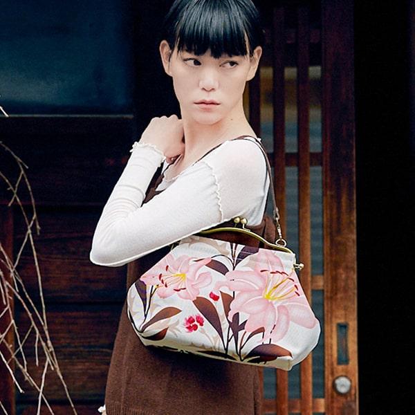 亥之吉 横長ベンリーがま口 ゆりあざみ 百合薊 ピンク 牛革持ち手付き