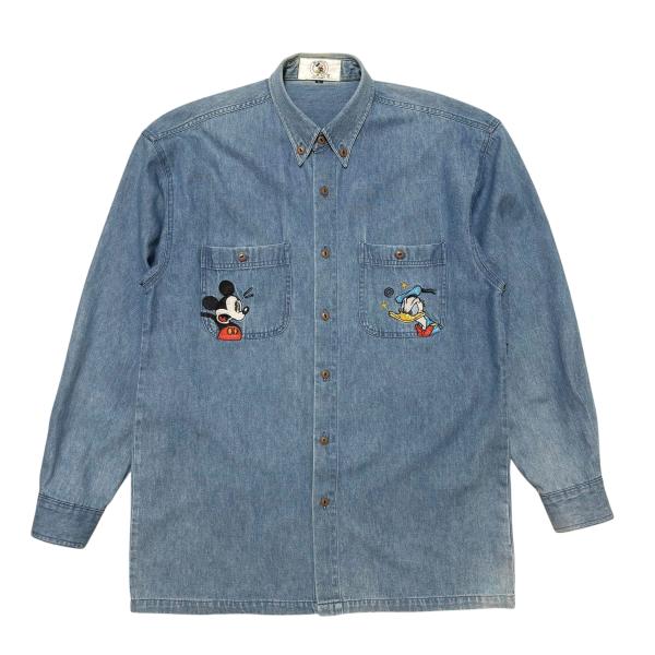 古着 ディズニー ヴィンテージ Disney デニムシャツ BDシャツ 刺繍 ミッキー ドナルド クリーニング済み メンズL