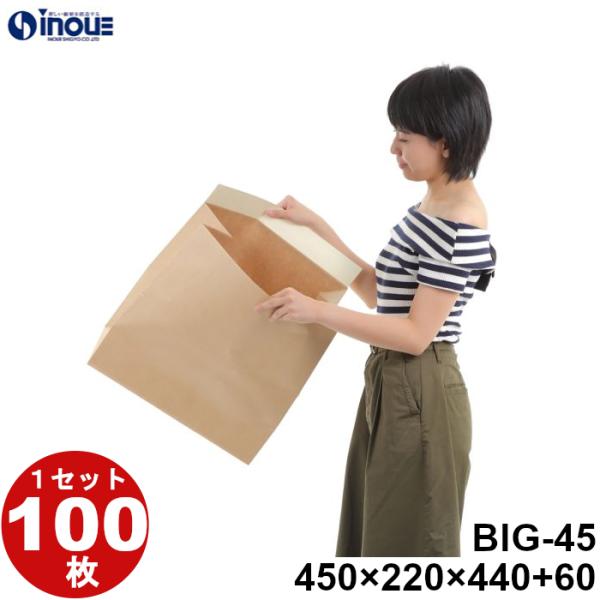 宅配 紙袋 梱包 袋 宅配袋 マチ広 特大 クラフト 茶 紙 100枚 BIG45 450W×220D×440H+60ベロ