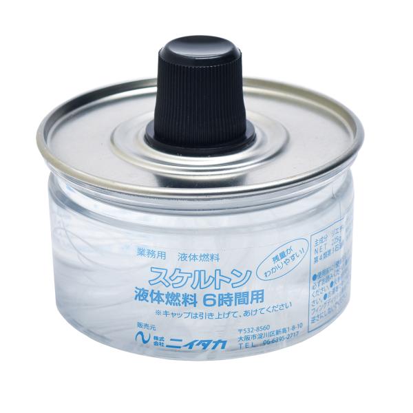 送料無料（沖縄・離島を除く）容器が透明なので燃料残量ｇ確認できて便利です。　高さ72mm直径86mm商品名：ニイタカ スケルトン 液体燃料 6時間（1箱×24個入り）ブランド：ニイタカ（NIITAKA）内容量：6時間用 ×24個容器タイプ：...