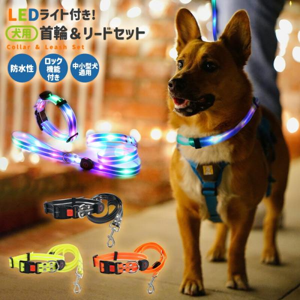 犬用首輪 首輪リードセット リード LEDライト付き首輪とリードセット 光る 点灯モード切替 お散歩 充電式 テープライト カラフル 発光 夜間散歩 間接照明 明るい