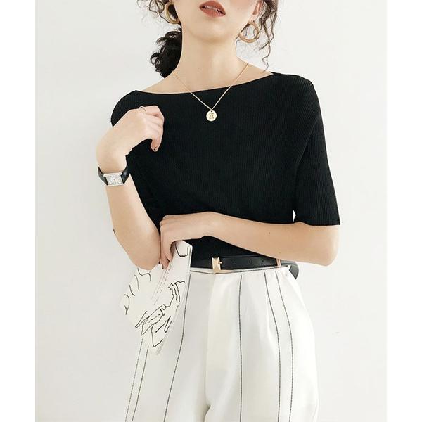 サマーニット レディース 半袖 Tシャツ 五分袖 40代 リブニット リブ