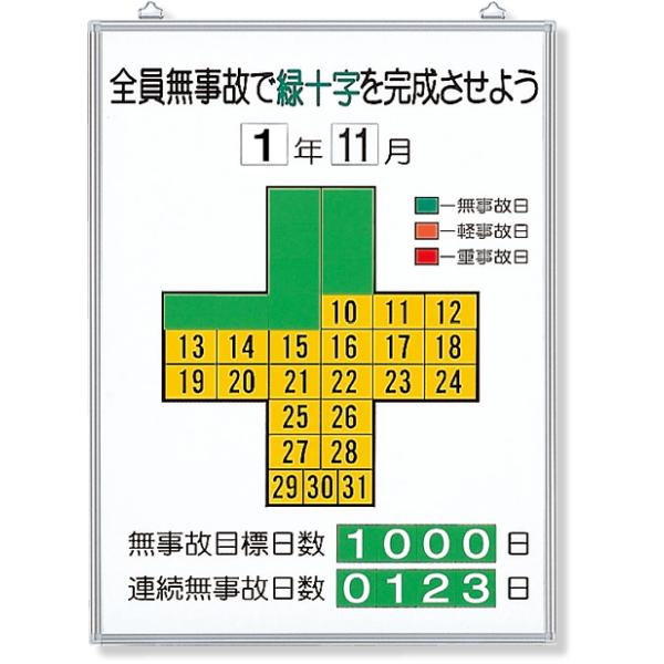 メーカー直送のため代引きでの決済は不可となります。<br>銀行振り込み・コンビニ・クレジット・後払い決済でご購入下さい。315-10 無災害記録表全員無事故で緑十字…　セット本体サイズ：600×450mm本 体 材 質：カラー鉄...