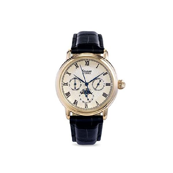 【並行輸入品】 Stauer Magnificat II 自動腕時計 男性用 - 3つのインテリアデイ、日付、24時間時計の文字盤 - ステンレスケースとブラックレザーバンド -