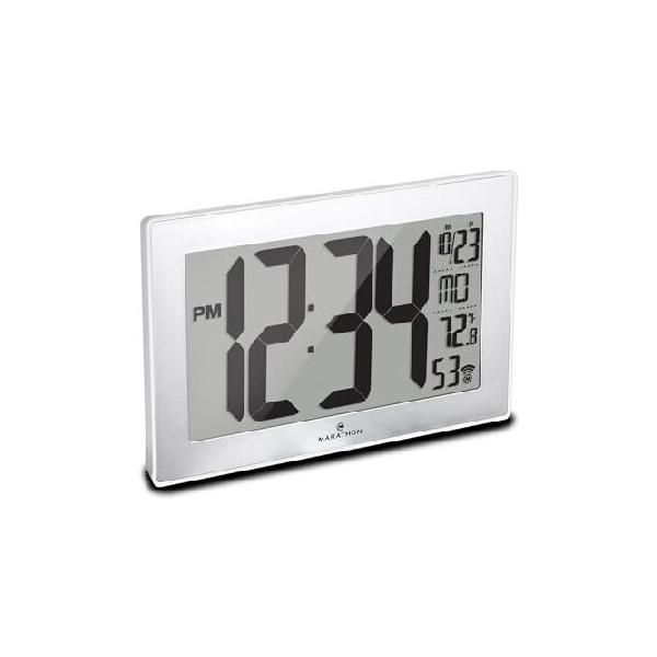 【並行輸入品】 Marathon CL030068WH-BS Slim Panoramic Atomic Full Calendar Wall Clock with 8 Time Zones, Indoor Temperature, and Table Stand - Batterie