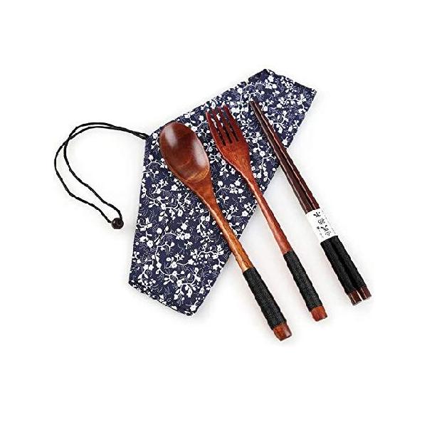 【並行輸入品】 木製箸 スプーン フォーク セット 和風 食器 旅行用品 ポーチ付き キャンプ ピクニック オフィス 家庭用 (スタイルA)