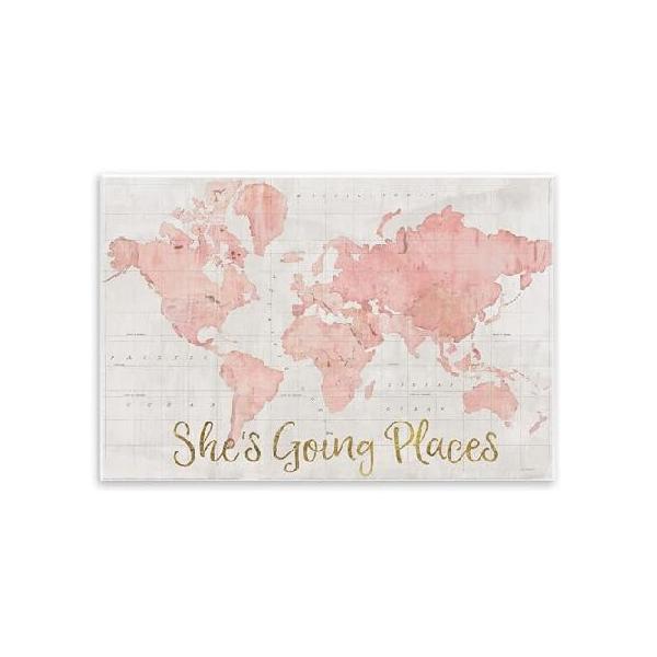 【並行輸入品】 Stupell Industries She's Going Places 引用句 ピンク水彩世界地図 ab-961_wd_13x19 壁飾り板