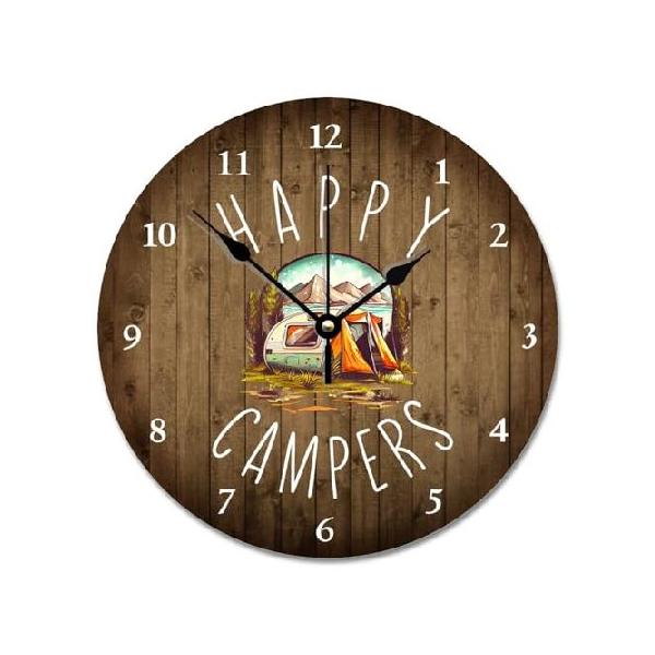 【並行輸入品】 ArogGeld Happy Campers Clock Retirement RV キャンプ 壁掛け時計 静音 カチカチ音をたてない 木製壁掛け時計 電池式 Esay Read for Home Decor