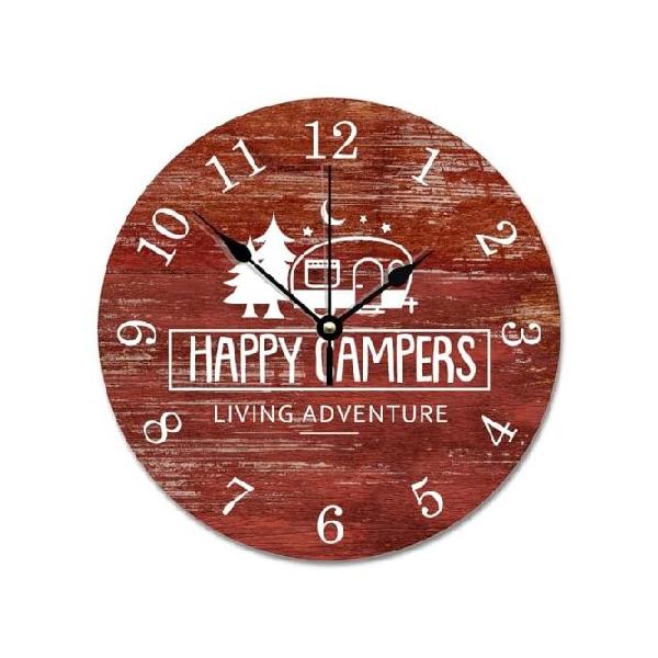 【並行輸入品】 Happy Campers RV キャンプ 壁掛け時計 赤 素朴な納屋の木製時計 10インチ 静音 カチカチ音を立てない木製壁掛け時計 電池式 リビングルーム 寝