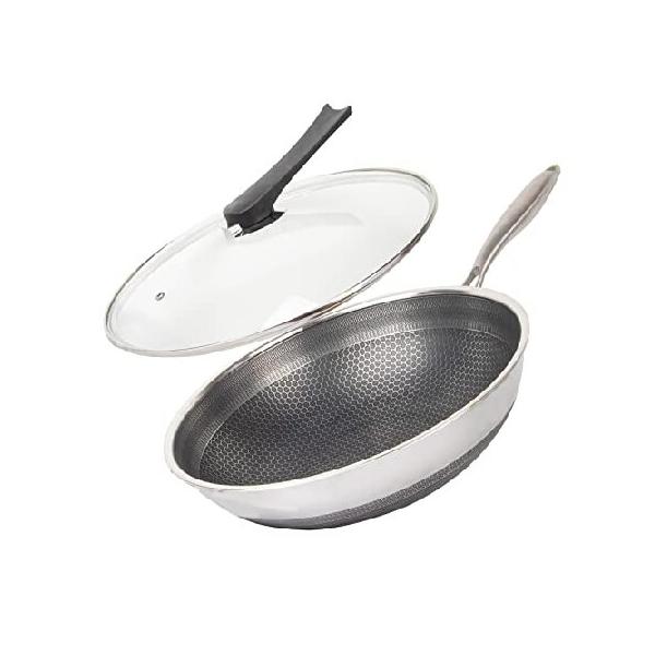 【並行輸入品】 CATHYLIN 12.5" Stainless Steel Honeycomb Non Stick Wok Pan Stir-fry Wok with Lid,Skillet with Stay-cool Handle PFOA Free Suitable for