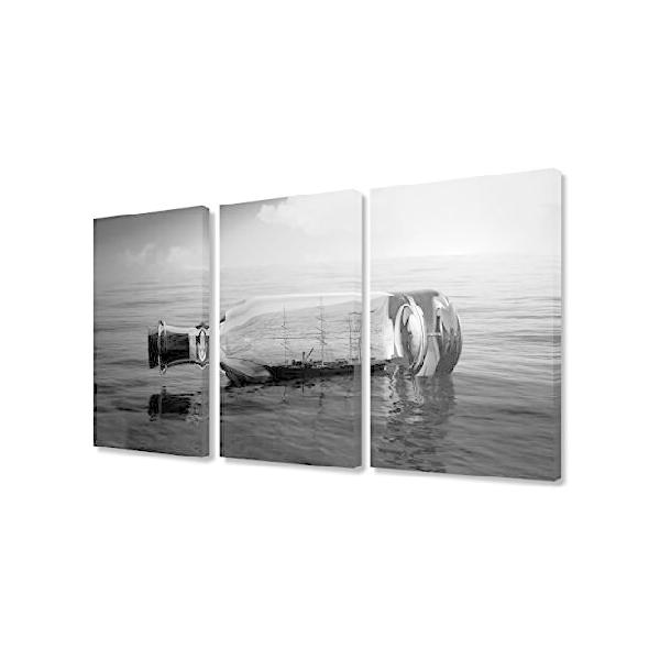 【並行輸入品】 TUMOVO Sea Drift Bottle Wall Art - 3 Panels Boat Sailing in a Bottle Scenery - Black and White Sunset Over The Sea - Bedroom Wall Decor