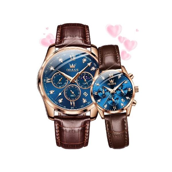 【並行輸入品】 OLEVS Valentines Couple Pair Watches His and Her Couple Set Leather Chronograph Diamond Blue Wrist Watch Men Women Lovers Wedding Roman