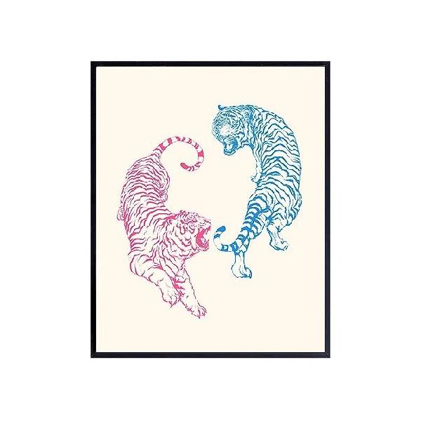 【並行輸入品】 Tiger Wall Decor for Women - Trendy Funky Wall Art - Girls Bedroom Light Blue and Pink Minimalist Artwork - Mid-century modern - Contem