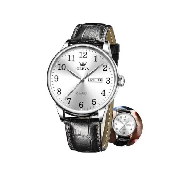 【並行輸入品】 OLEVS Black Leather Watches for Men Day Date Watch with White Dial Waterproof Black Watches for Men Fashion Simple Easy to Read Man