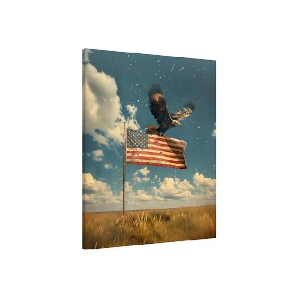 【並行輸入品】 American Flag With Bald Eagle Wall Art, Rustic Field Landscape Picture Farmhouse Wall Decor Vintage Blue Sky And White Clouds Painting