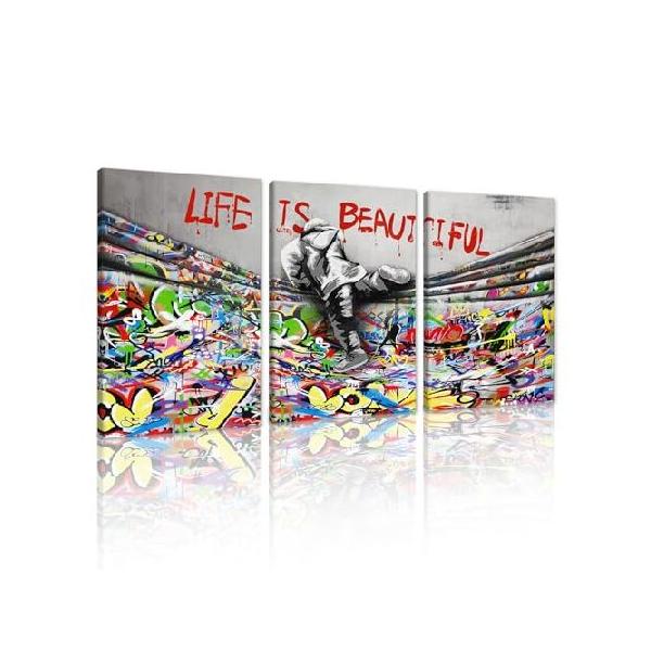 【並行輸入品】 Life is Beautiful Wall Decor Graffiti Canvas Wall Art Street Art Colorful Painting Poster Boy and Curtain Artwork for Living Room Bedro