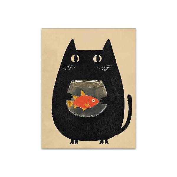 【並行輸入品】 Minimalist Caught in the Act Cute Cat Holding Fishbowl Illustration 16x20 Unframed Poster, Quirky Black Cat Wall Art, Funny ＆ Whimsica