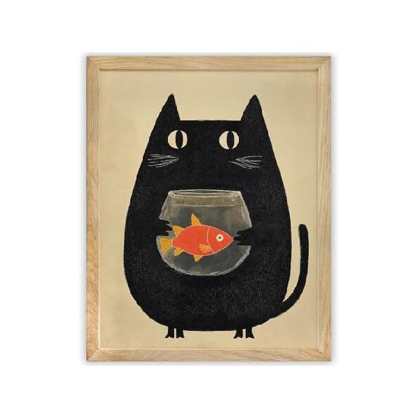 【並行輸入品】 Minimalist Caught in the Act Cute Cat Holding Fishbowl Illustration 11x14 Framed Poster, Quirky Black Cat Wall Art, Funny ＆ Whimsical