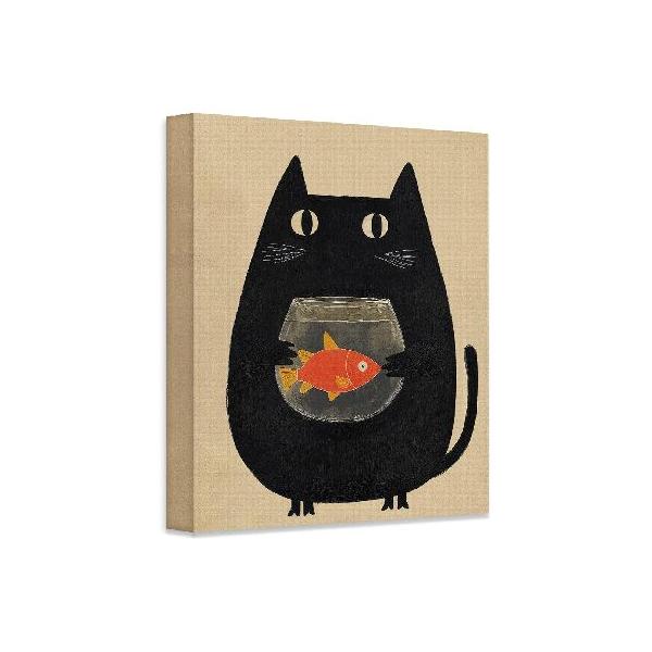 【並行輸入品】 Minimalist Caught in the Act Cute Cat Holding Fishbowl Illustration 18x24 Stretched Canvas, Quirky Black Cat Wall Art, Funny ＆ Whimsic